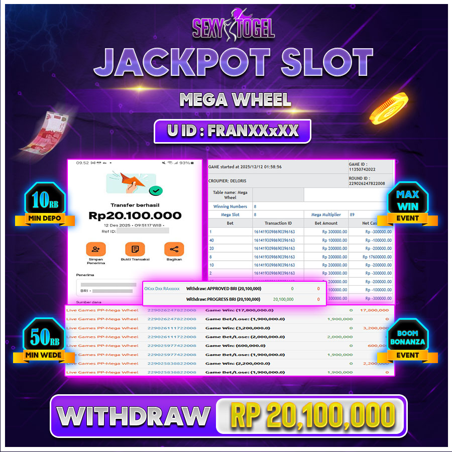 SEXYTOGEL JACKPOT CASINO MEGA WHEEL Rp.20.100.000.,-LUNAS